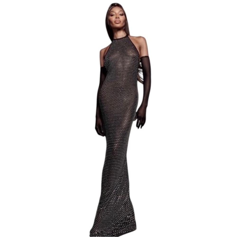 NWOT PrettyLittleThing Black Embellished Mesh Backless High Neck Maxi Dress